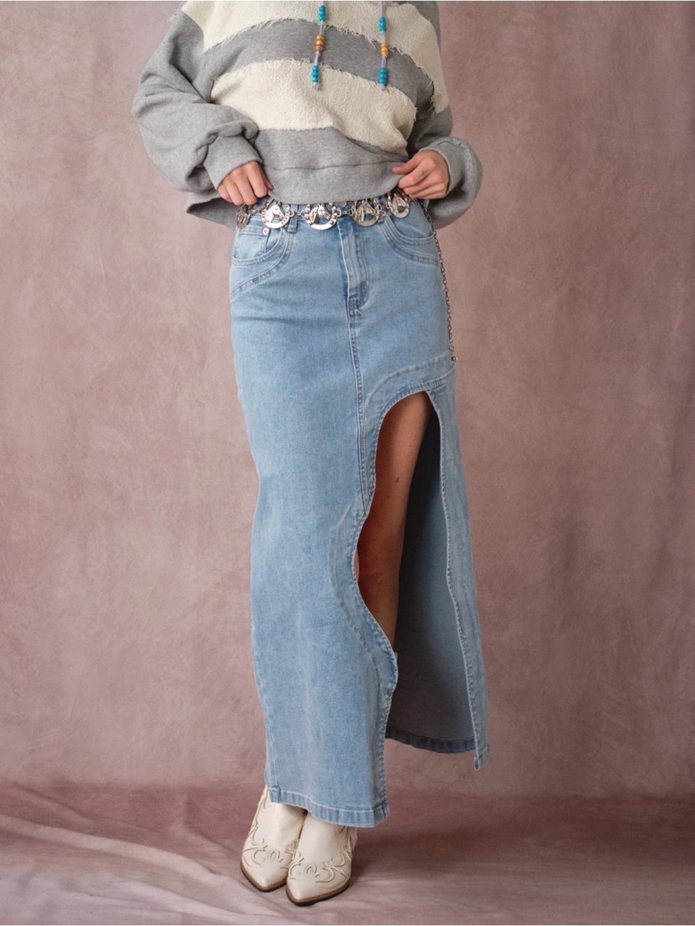 Cowgirl Light Blue Denim Maxi Skirt with Front Slit - Picture 3 of 11